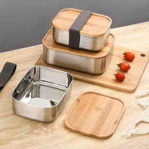 Customizable Stainless Steel School Lunch Box Leak-Proof Wooden Lids Bamboo Food Container for Office Camping School Heata...